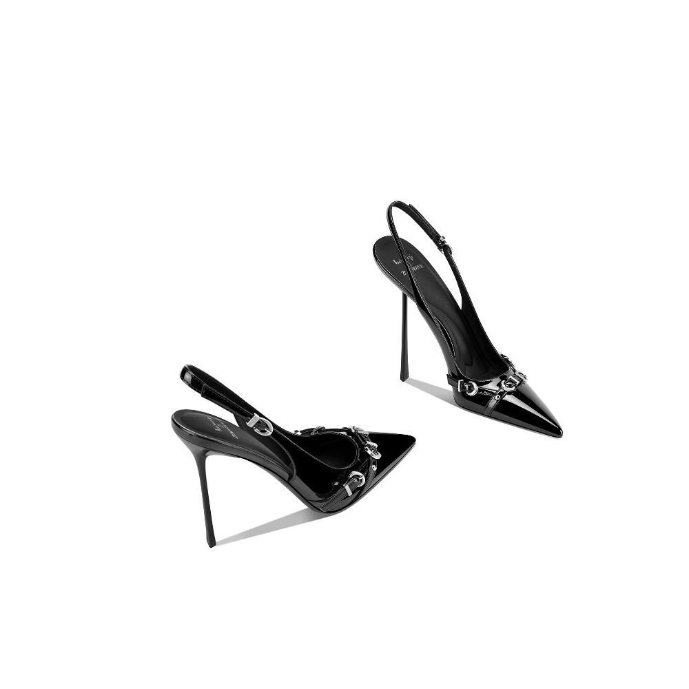 Sandal Strappy Heeled - Fashionable Black Pointed Toe Thin Heel